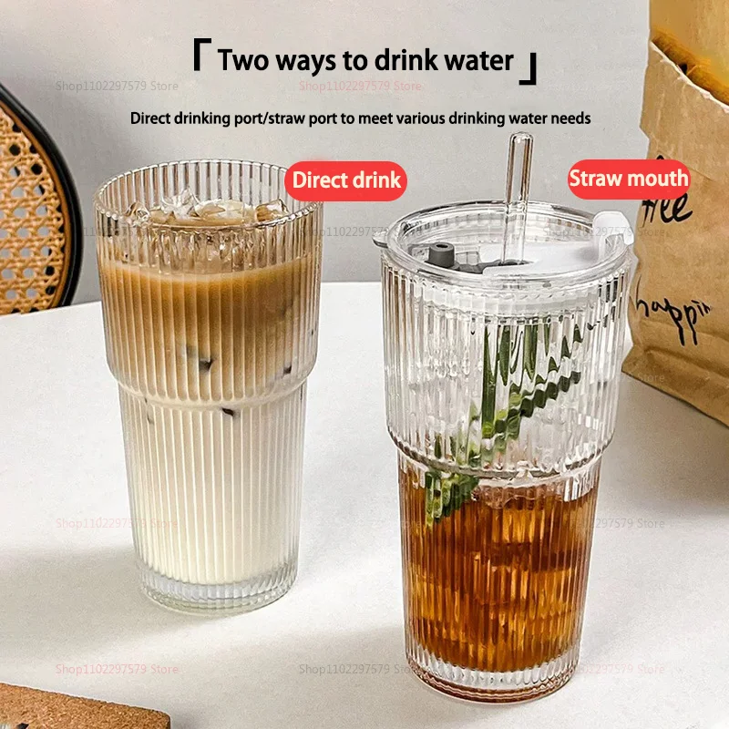 Large capacity cold drink cup with lid and straw vertical striped glass water cup coffee cup stylish drink cup