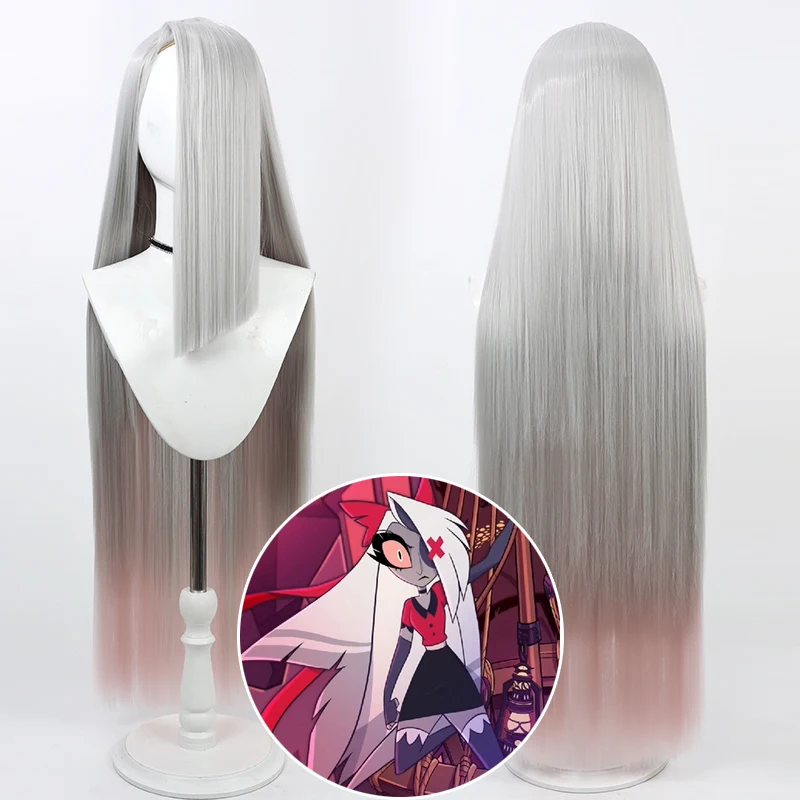 Game Hazbin Vaggie Cosplay Anime Hotel Vaggie Cosplay Wig  90cm Long Silver Gray Pink Purple Synthetic Hair Heat Resistant