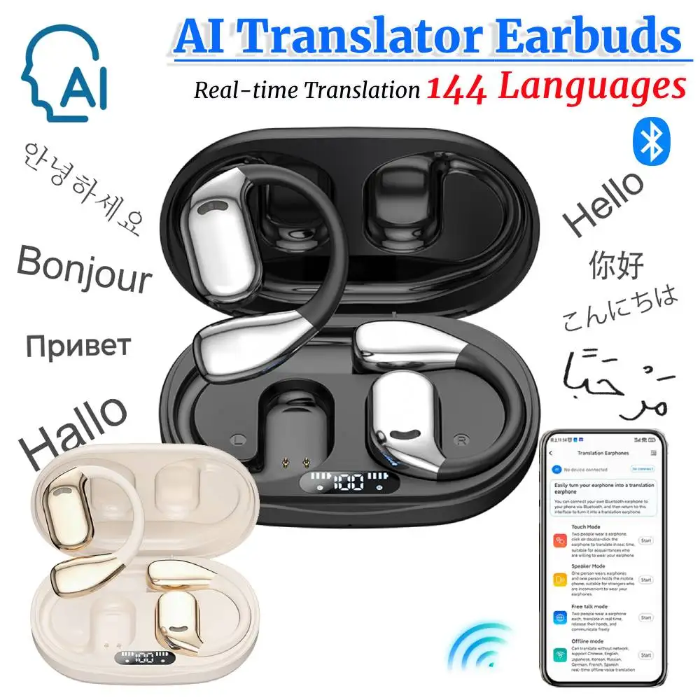 AI Earphone Translator Bluetooth Earphones Translation Headset Real-time AI Wireless Translator Headphones Travel Business