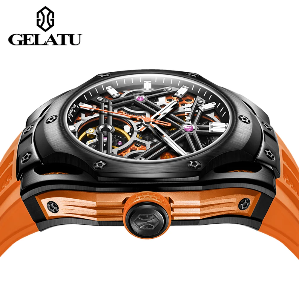 GELATU 6008 แฟชั่น Original Mechanical นาฬิกาผู้ชาย Luxury Hollow นาฬิกามืออัตโนมัติส่องสว่างซิลิโคนกันน้ํา Man นาฬิกา