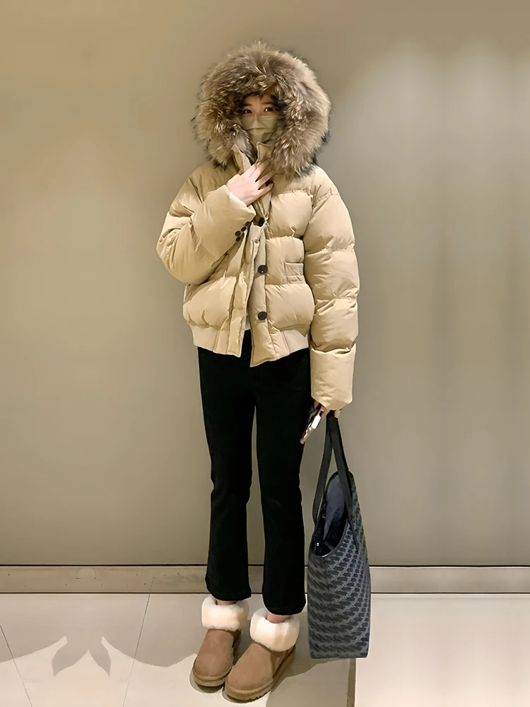 Manteau court rembourré kaki pour femme, veste en coton, grand col en fourrure, vêtements de travail, Parka à capuche, nouvelle collection hiver 2025