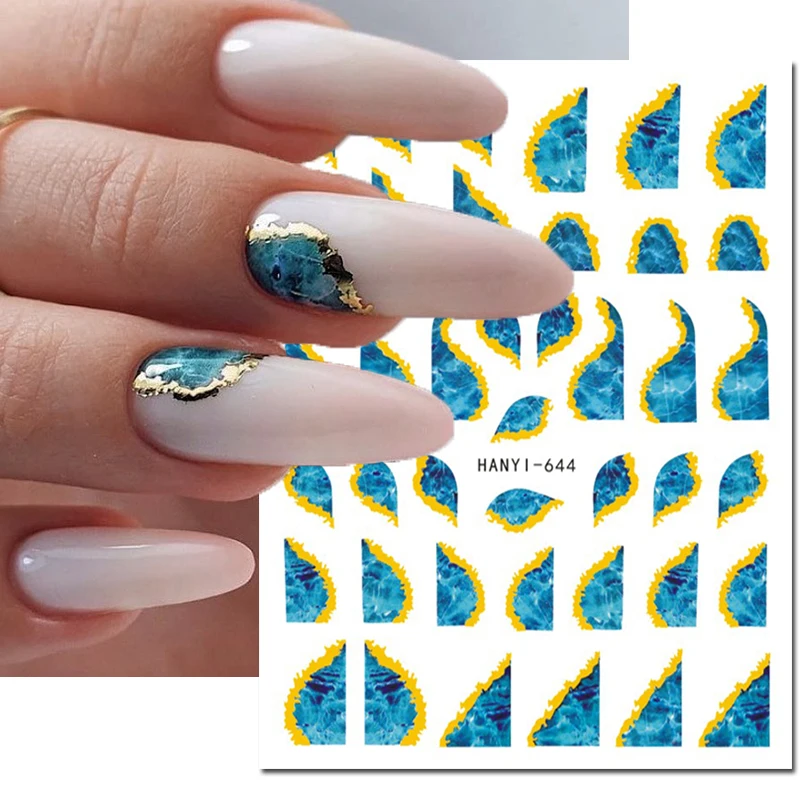 

3d Nail Art Stickers Golden Lines Ocean Blue Marbles Waves French Tips Adhesive Sliders Nails Decals Decorations For Manicures