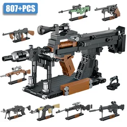 Military WW2 807pcs Groza Rifle Model Building Blocks MOC 8 In 1 AK47 98K AWM Revolver Weapon Bricks Toys For Children Boys Gift