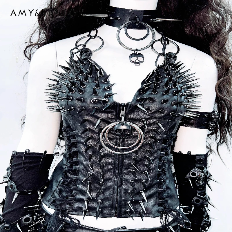 

Original Design Punk New Style Women's Vest Gothic Dark Sweet Cool Hot Girl Metal Chain Rivet Rock Mini Short Skirts Sets Ladies