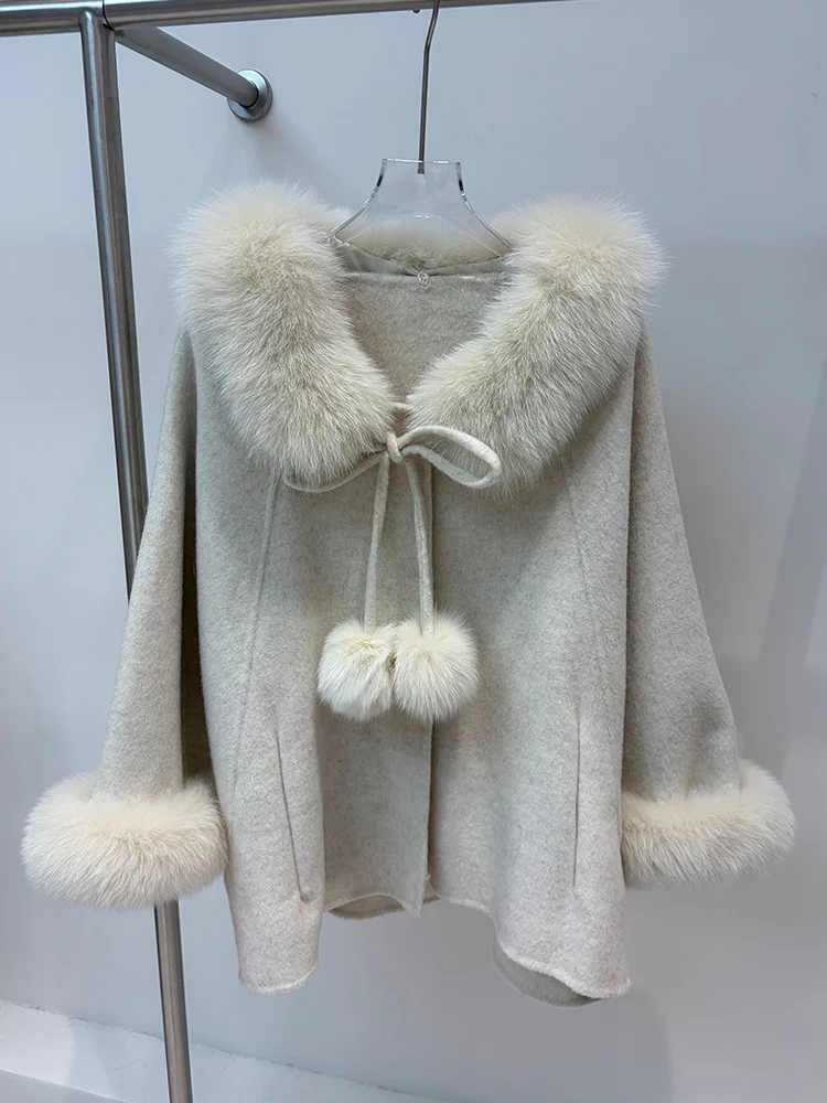 New Winter Women's Real Fox Fur Collar Cuffs Coat Wool Cloak Cashmere Warm Jacket Casual Luxury Thick Female Coat