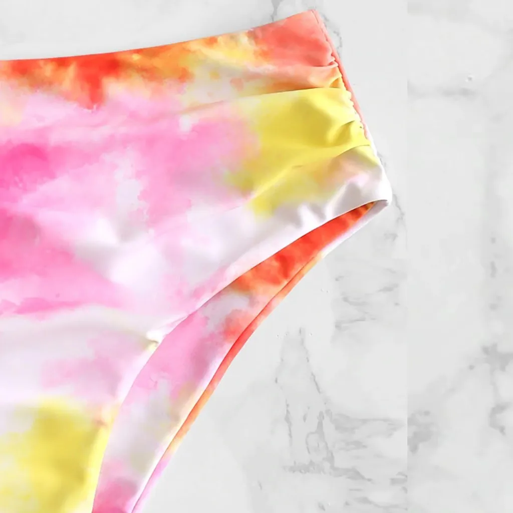 Kobiety z wysokim stanem marszczone spodnie od Bikini seksowne damskie różowe majtki kostiumowe spodnie wielokolorowe Tie-Dye Leopard kąpiące się majtki