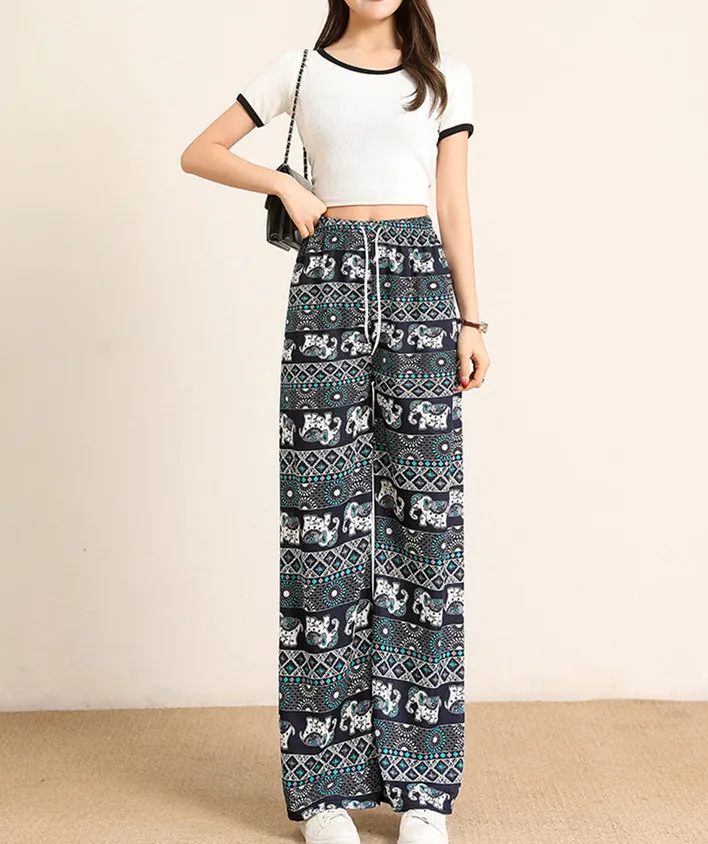 Neue Mode Lässig Hohe Taille Gerade Druck Lose Fit Flache Elastische Taille Kordelzug Bodenlangen Hosen Für Frauen, 9 farben