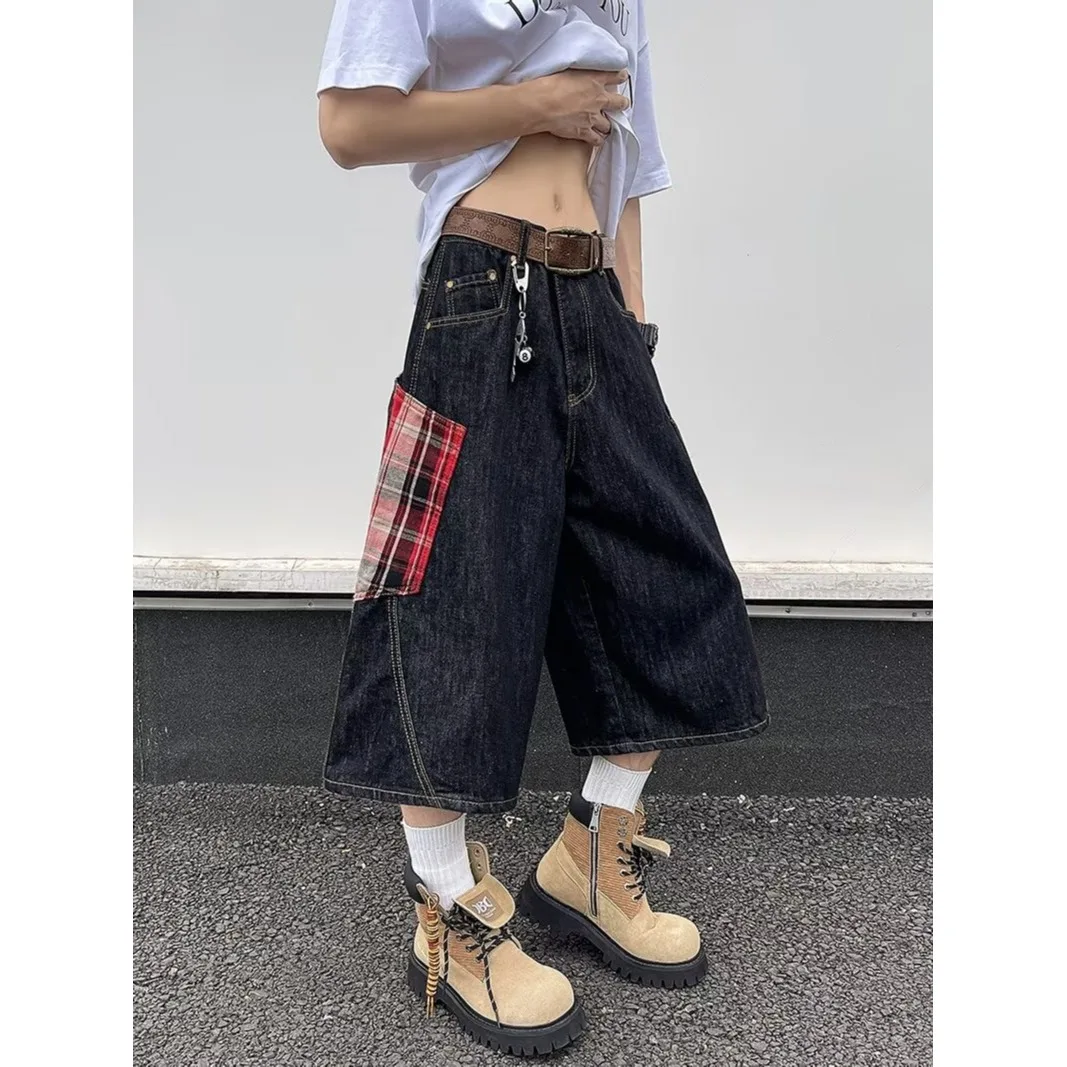 

Summer Large Size 250 Pounds American Plaid Denim Seven-Foot Pants Women's High-End Lazy Pants Couple Shorts Outdoor Wear