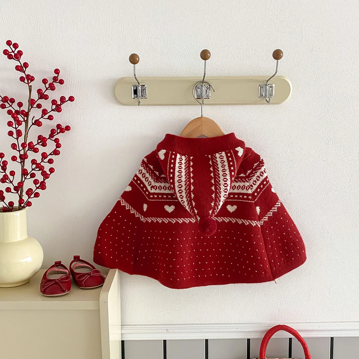 Ins Autumn Winter Baby Girls Cloak Jacket Christmas Hooded Cotton Knitted Warm Infant Girls Shawl Newborn Girls Knitwears