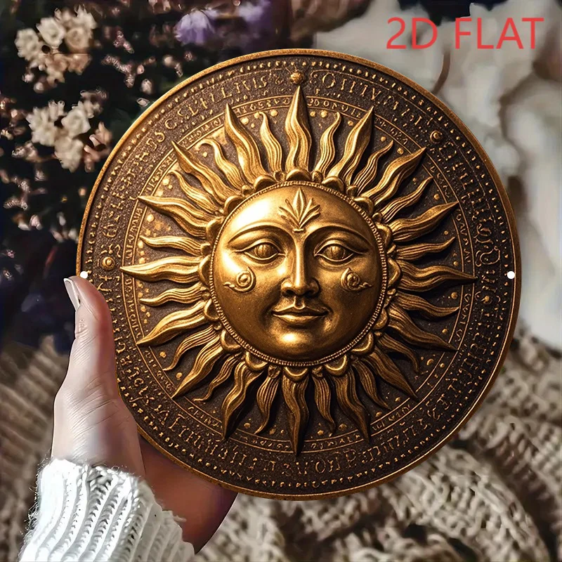 Vintage Sonne-Mond Metall-Wandkunst Rundes Aluminium-Schild, 2D Flaches Poster Retro Goldmünzen-Design für Zuhause Bar Restaurant Halloween Weihnachten