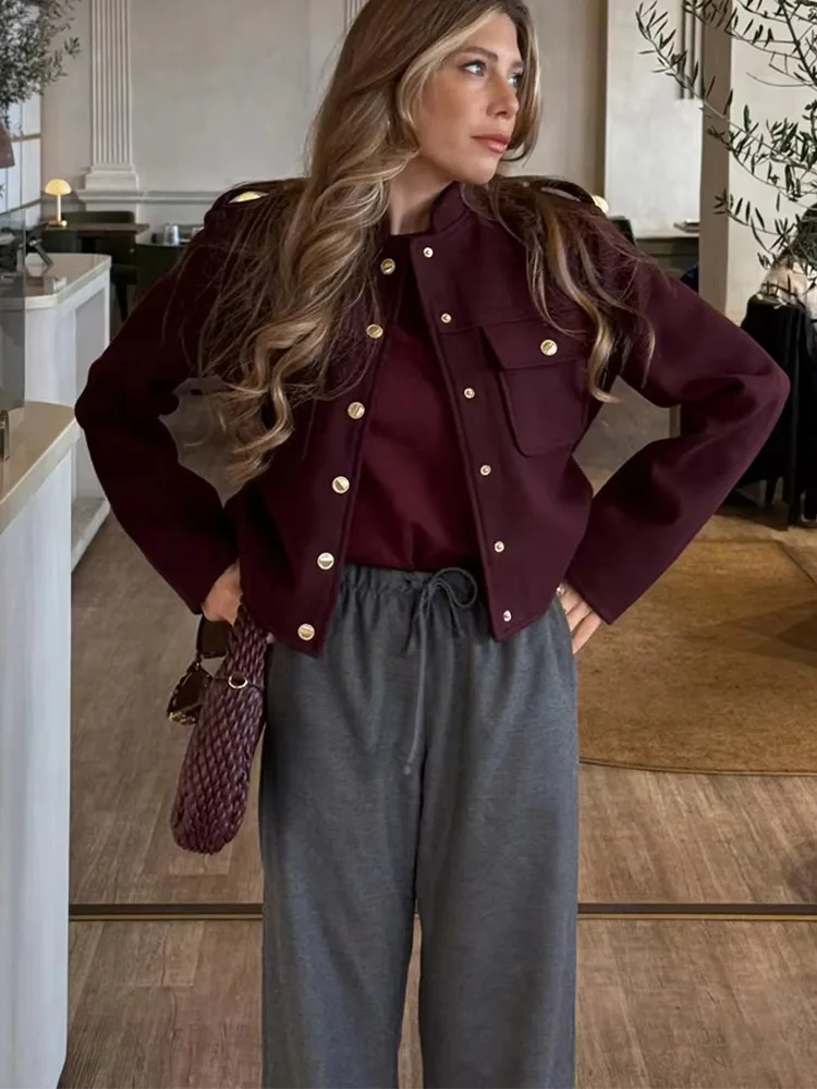 HH Women Bomber Jackets 2024 Trendy Wine Red O-Neck Long Sleeves Pockets Buttons Single Breasted Female Fashion Casual Coats