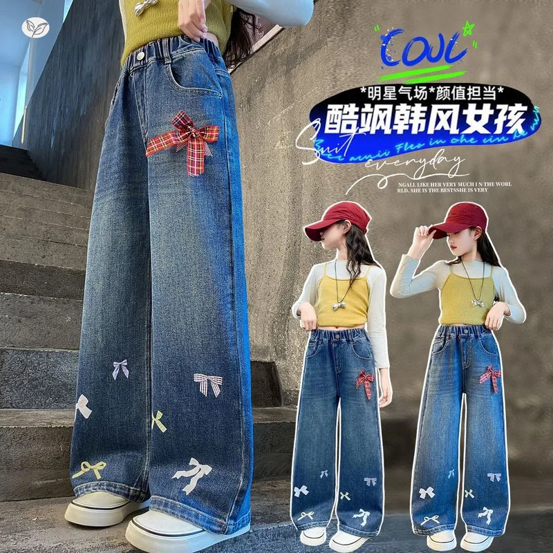 

Джинсы с принтом для девочек, свободные прямые брюки с галстуком-бабочкой — весенние и осенние детские джинсовые длинные брюки с цветочным принтом, возраст 7–14 лет, обратно в школу