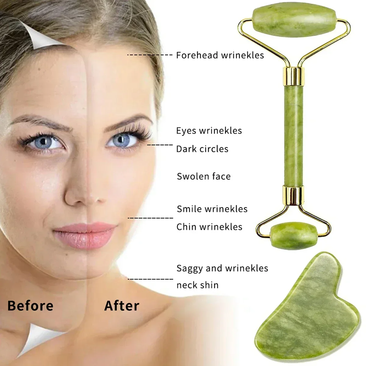 Rodillo de Jade de piedra Natural para masaje facial, juego de herramientas de masaje Gua Sha para SPA, visera corporal, nuevo