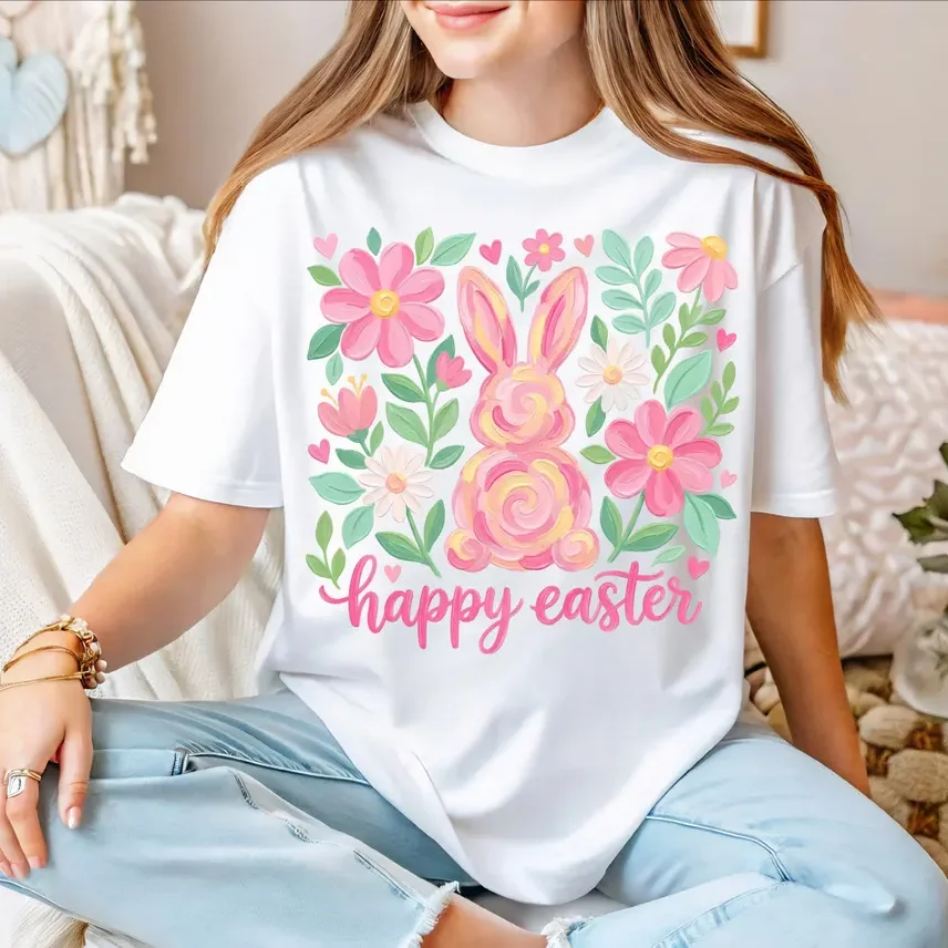 Happy Easter Bunny T-shirt, Cute Floral Rabbit Shirt, Spring Easter Sweatshirt, Pastel Bunny Sweater, Spring Bunny Shirt