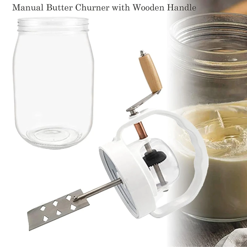 Manual Glass Butter Churner With Wooden Handle 1.5L Capacity Manual Mason Jar Butter Churns Hand Crank With Wooden