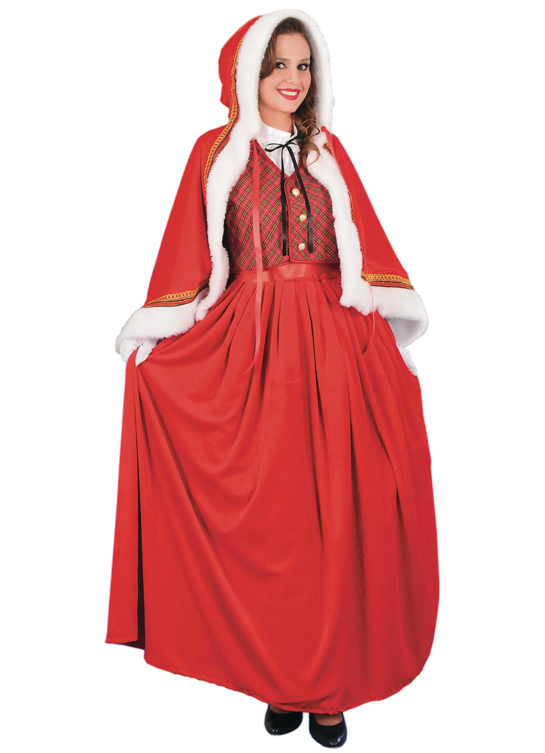 Miss Santa Dress Ladies Santa Claus Caroler Cosplay Red And Green Dress Women's Christmas Costume Party Performance Outfits