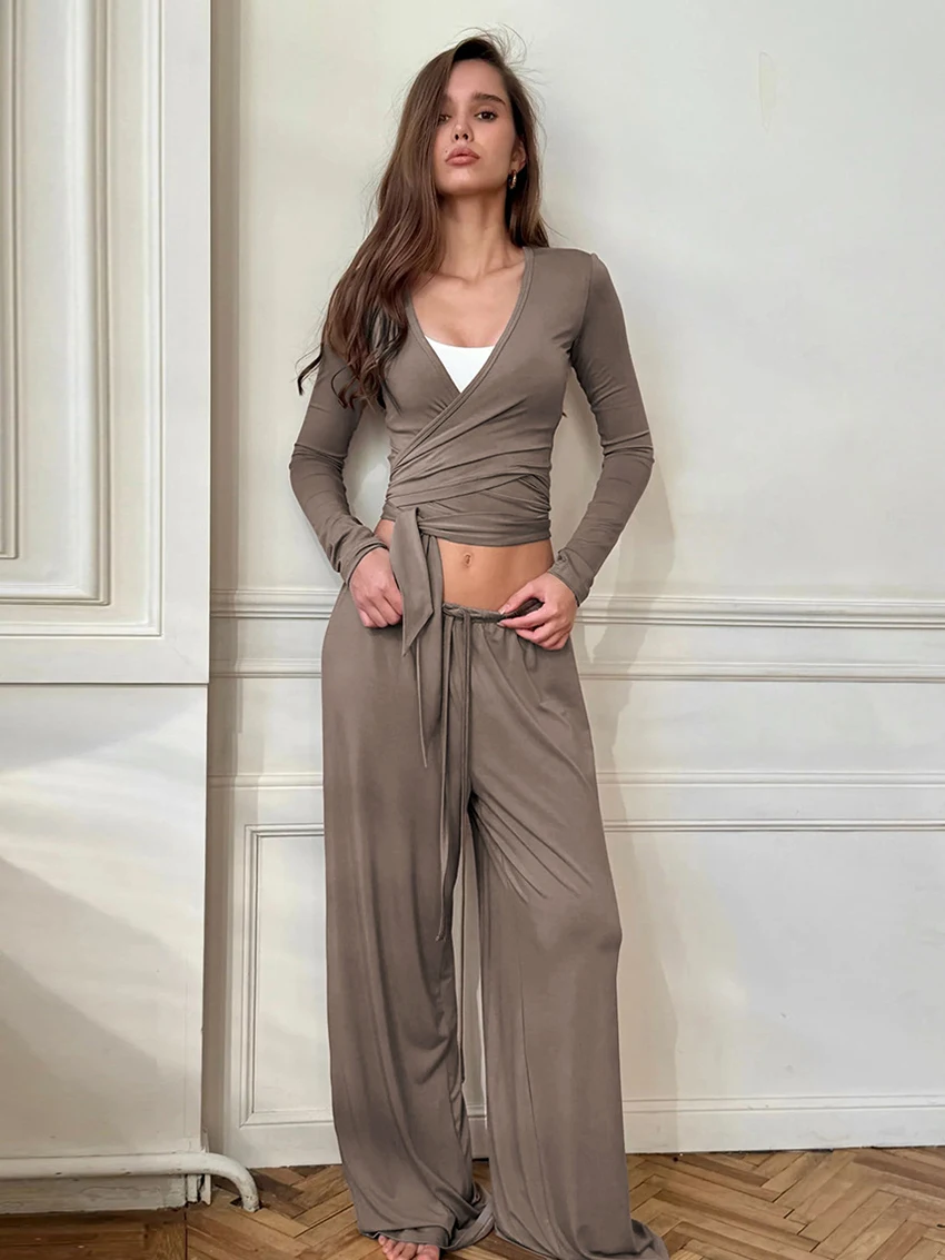 

Marthaqiqi модные женские ночные рубашки костюм с v-образным вырезом пижамы с длинными рукавами на шнуровке ночная рубашка брюки зимние женские комплекты ночного белья