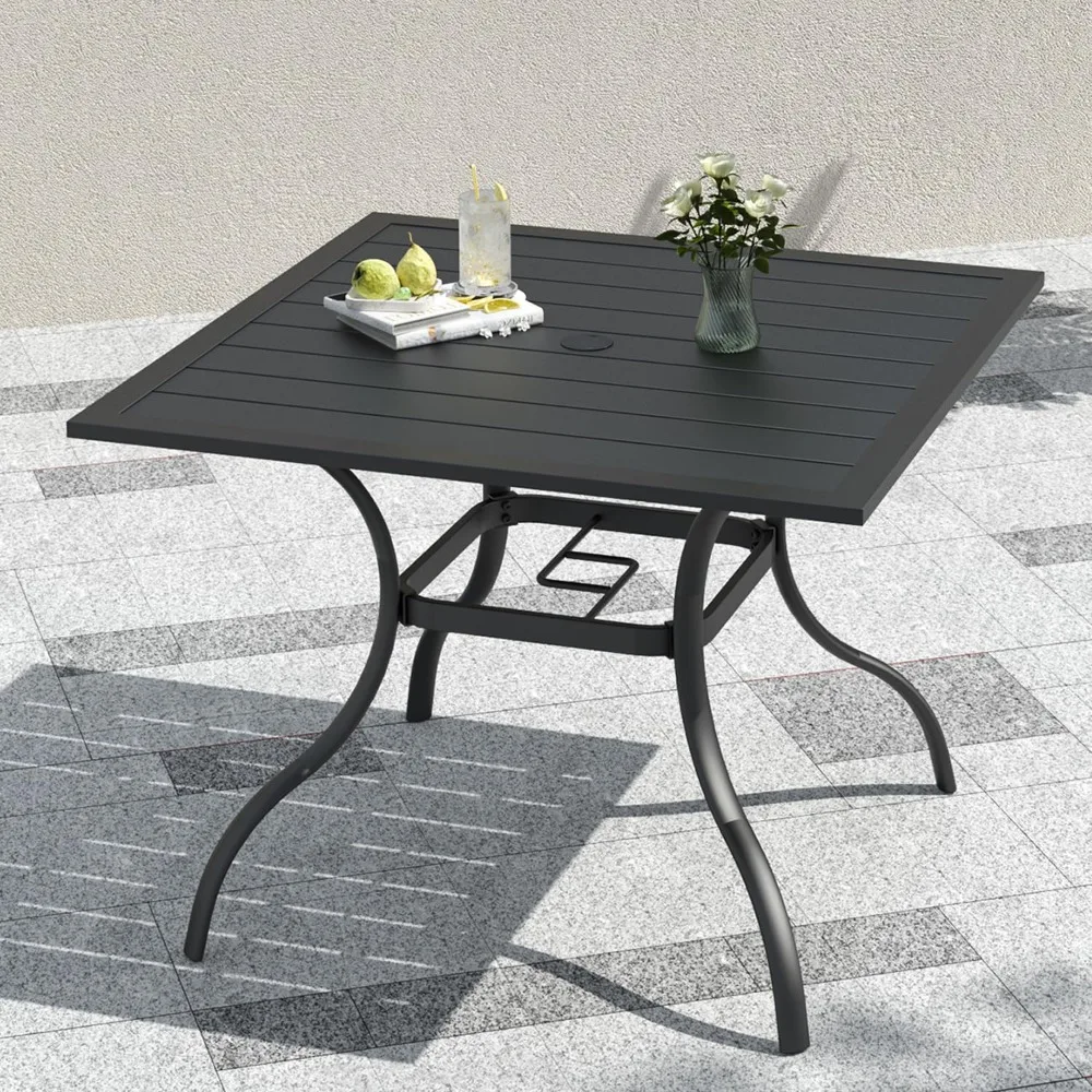 

Black Outdoor Patio Square Table for 8 Person Dining with Umbrella Hole and Metal Slat , Customized
