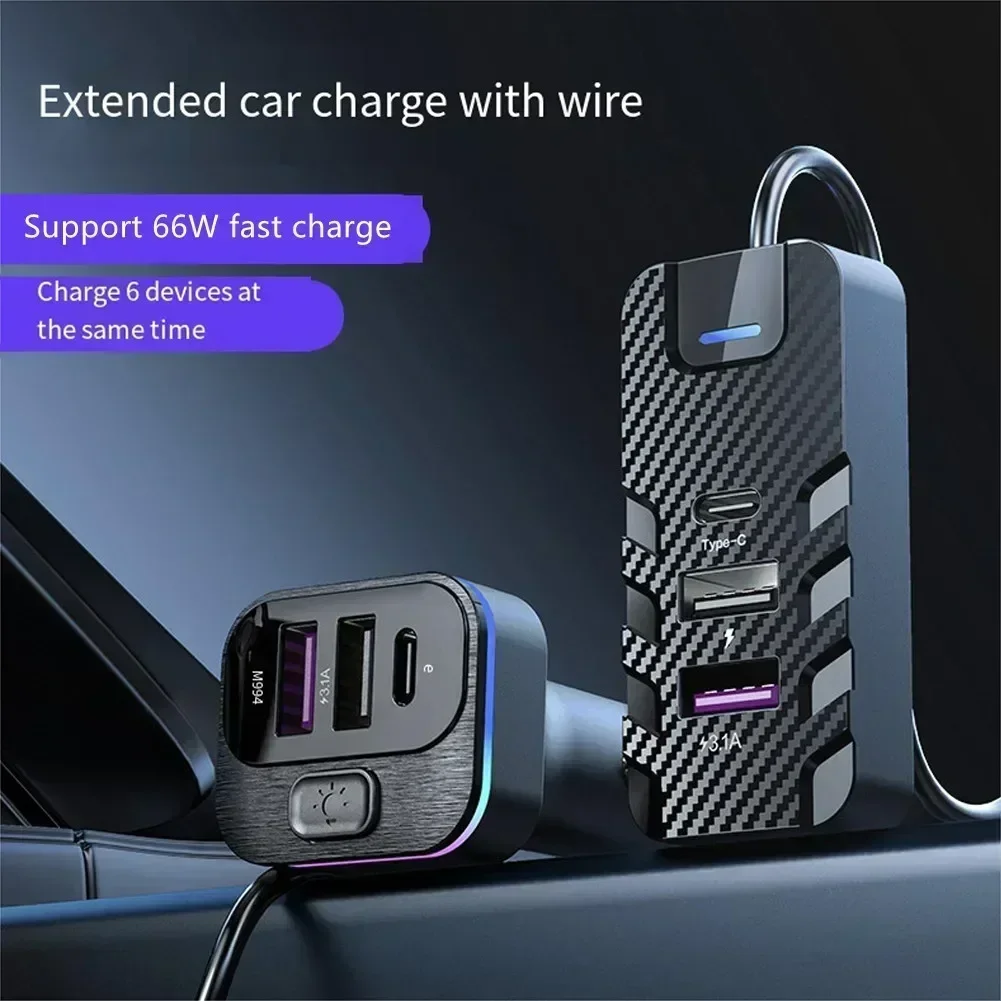 66W Car Cigarette Lighter Splitter QC 3.0 PD USB Car Charger PD Quick Charging For Iphone Car USB Socket Adapter W/ 1.5m Cable