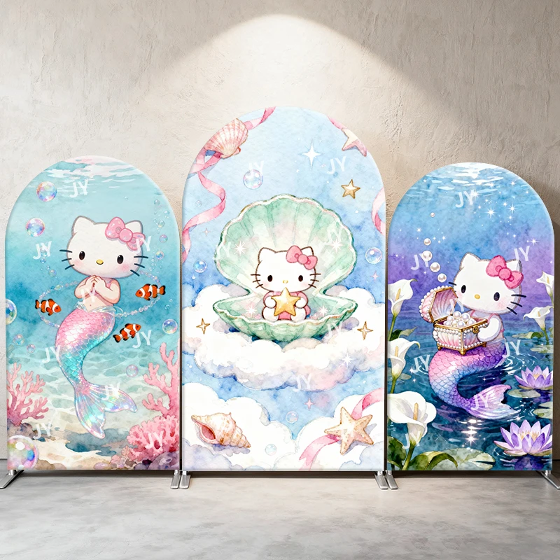 

Sanrio Hello Kitty Mermaid Arch Backdrop Cover Seashell Ocean Themes, Cute Photo Booth Props for Kids’ Parties Decoration