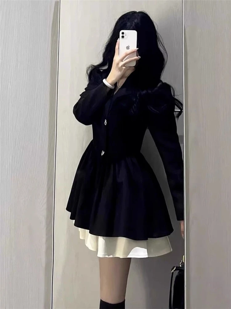 Long Sleeve Black Dresses Women Ball Gown Sweet Elegant Chic Patchwork Defined Waist Preppy Style Girls Lovely Spring Autumn New