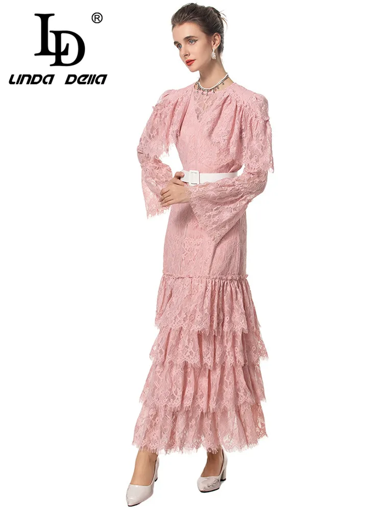 LD LINDA DELLA-Vestido chique feminino de renda, oco, babados em camadas, manga lanterna flare, cintura alta, vestidos Mixi, outono