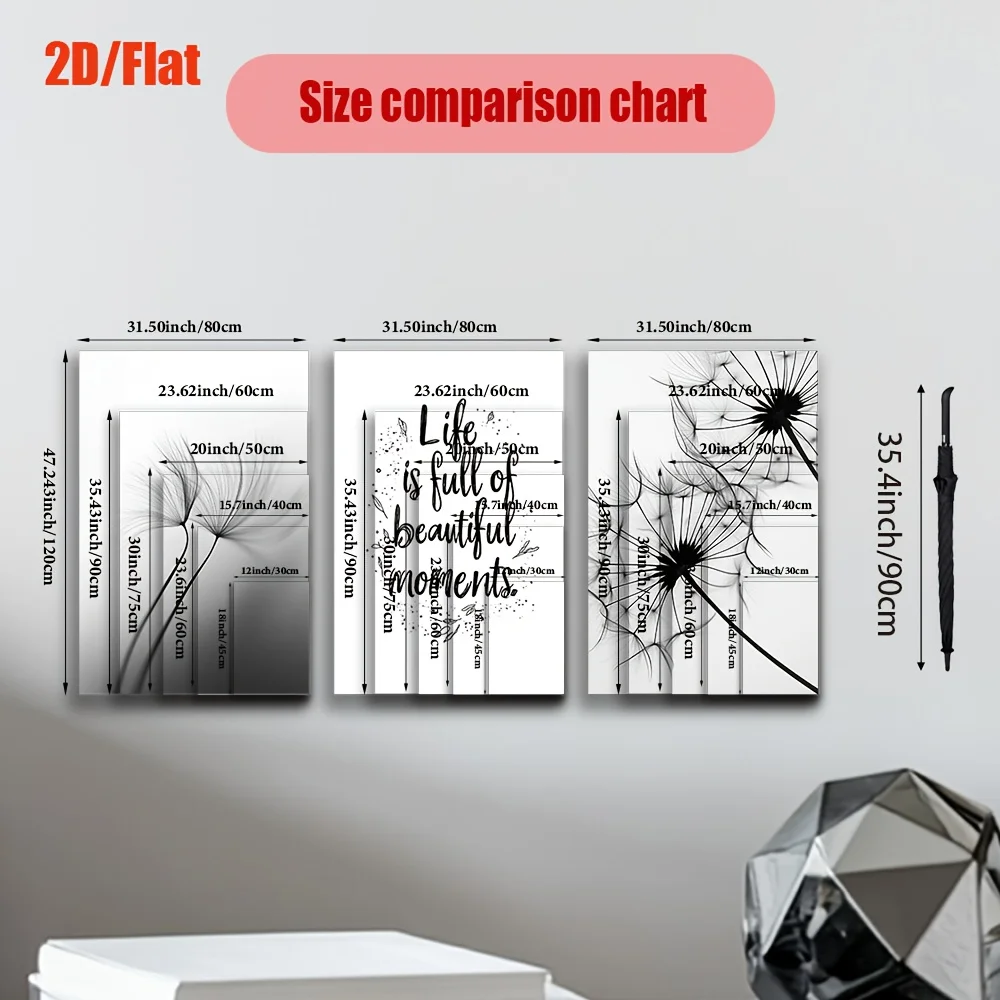 3 قطع/مجموعة، لوحة قماشية بدون إطار ثنائية الأبعاد/المسطحة، الهندباء الأبيض والأسود، لوحة مختلطة، غرفة المعيشة، ديكور المكتب، فن الحائط، السرير #4