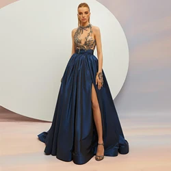 High Quality Dark Blue Taffeta Maxi Skirt for Women High Split Extra Puffy Long Evening Skirt with Sweep Train Lady Formal Skirt
