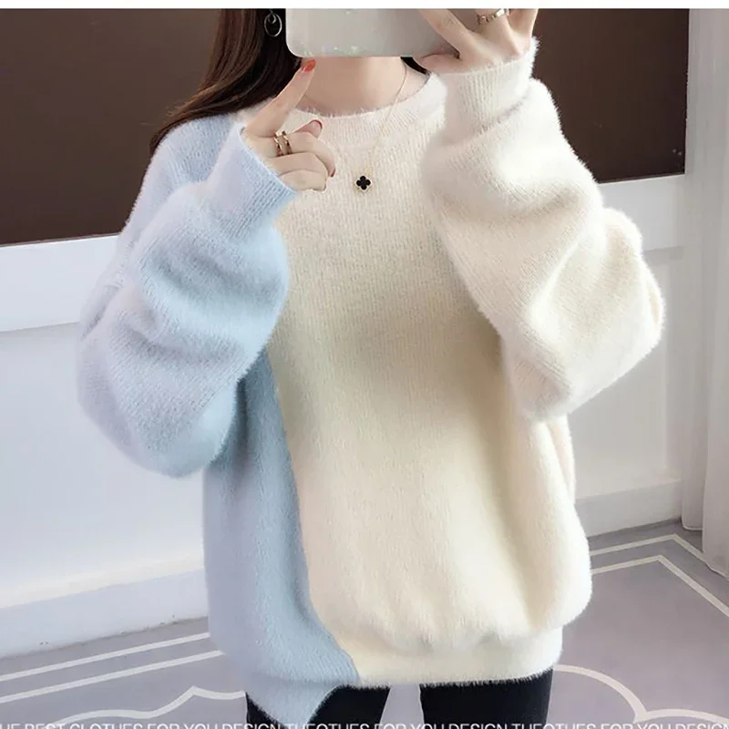 

Fashion O-Neck Spliced Loose Casual Sweaters Women's Clothing Winter Oversized Knitted Korean Pullovers Asymmetrical Tops N528