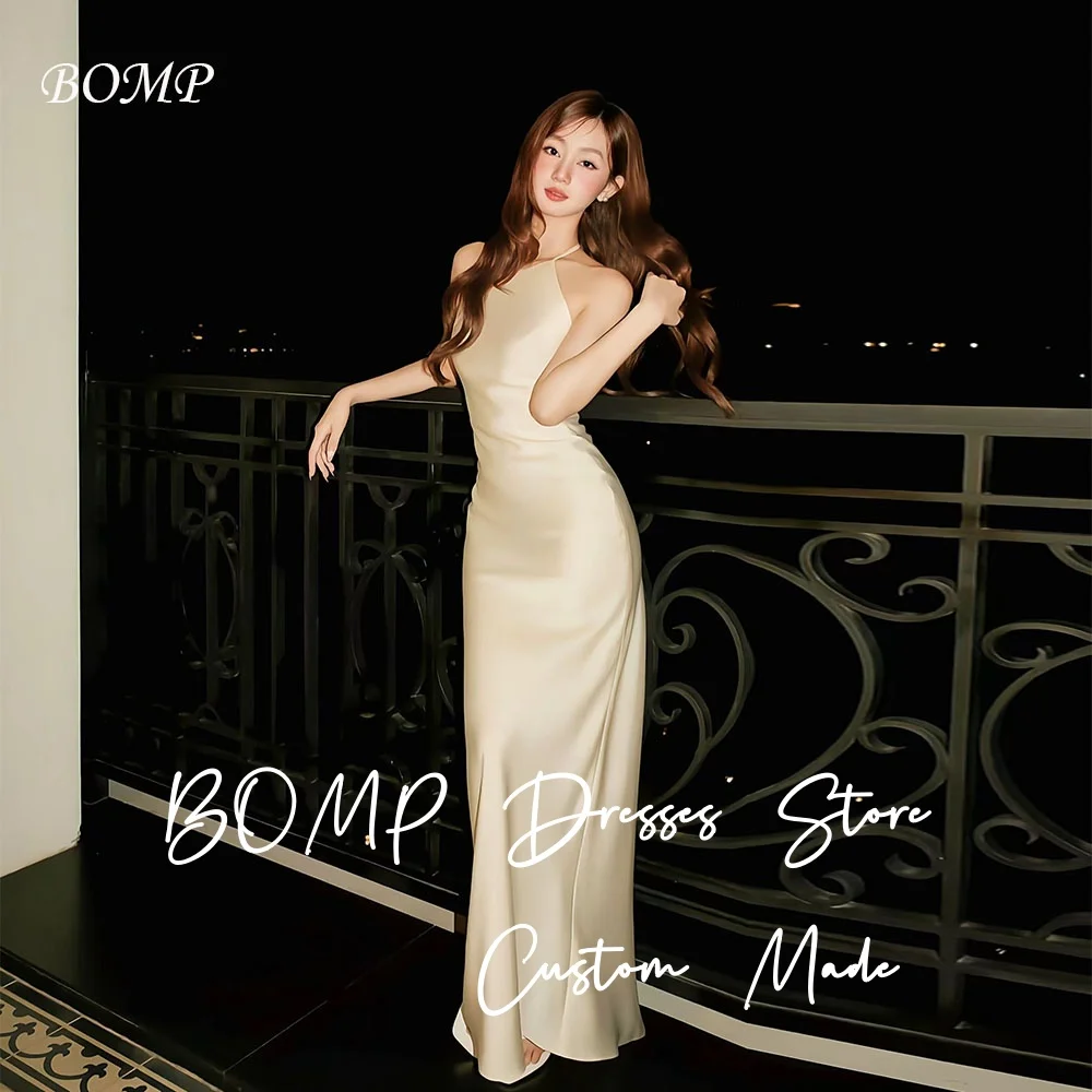 

BOMP Simple Backless Korea Wedding Party Dress Ivory Satin Halter Mermaid Special Occasion Evening Dresses Customzied Elegant