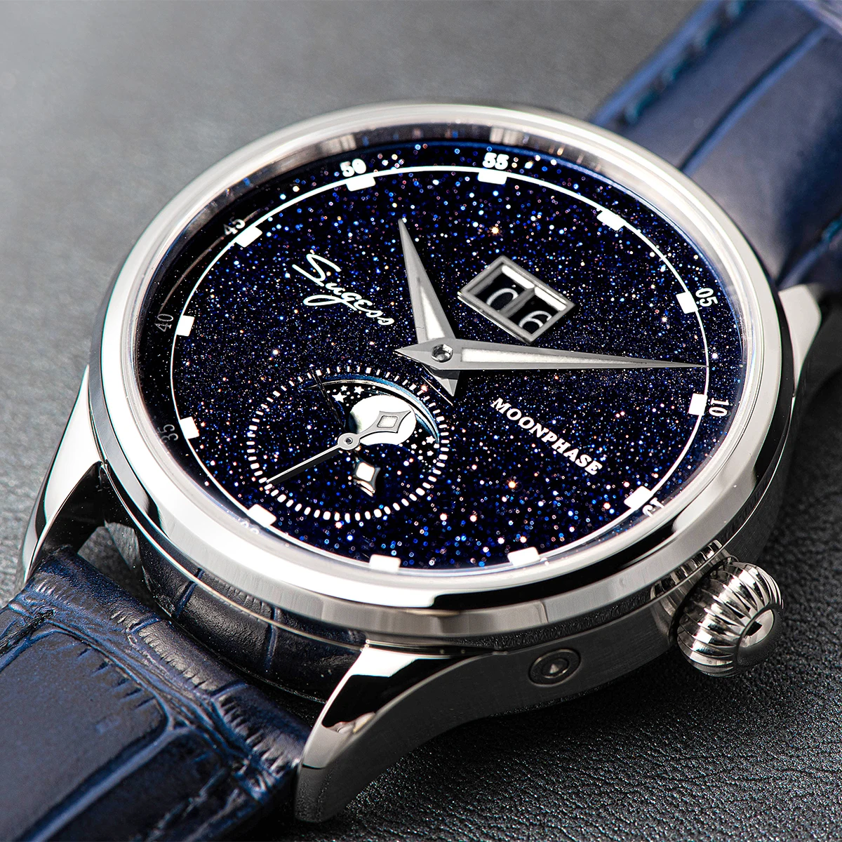Sugess Moonphase Herrenuhr, 40 mm, automatische mechanische Armbanduhren, Origin ST2528, Uhrwerk, blaue Sandstein-Zifferblätter aus Edelstahl – Detail 5