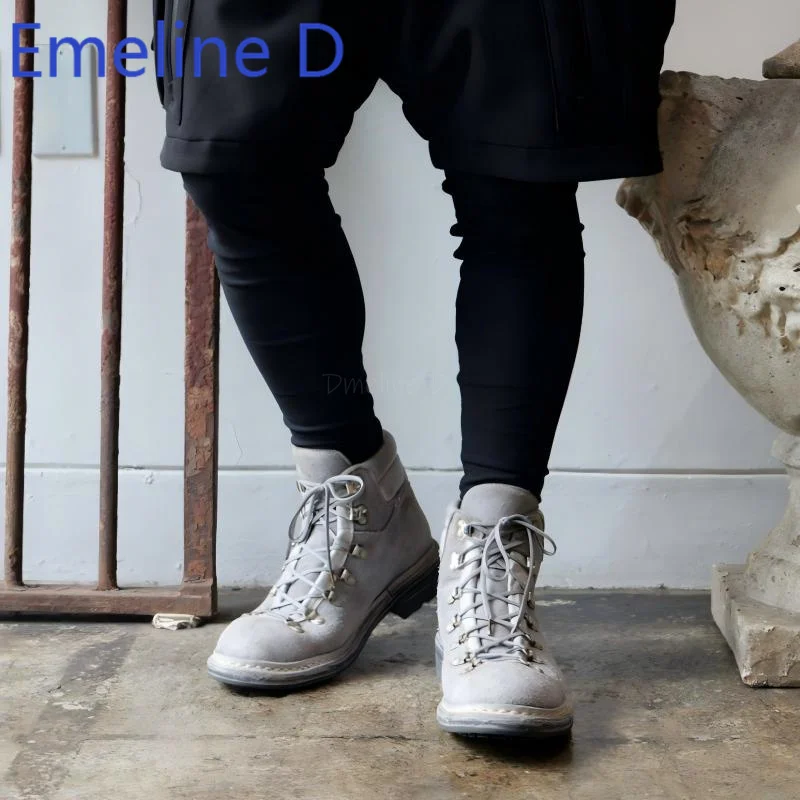 Grey Suede High Top Shoes Fashionable Lace Up Design Round Toe Thick Sole Vintage Distressed Casual Versatile Flat Shoes