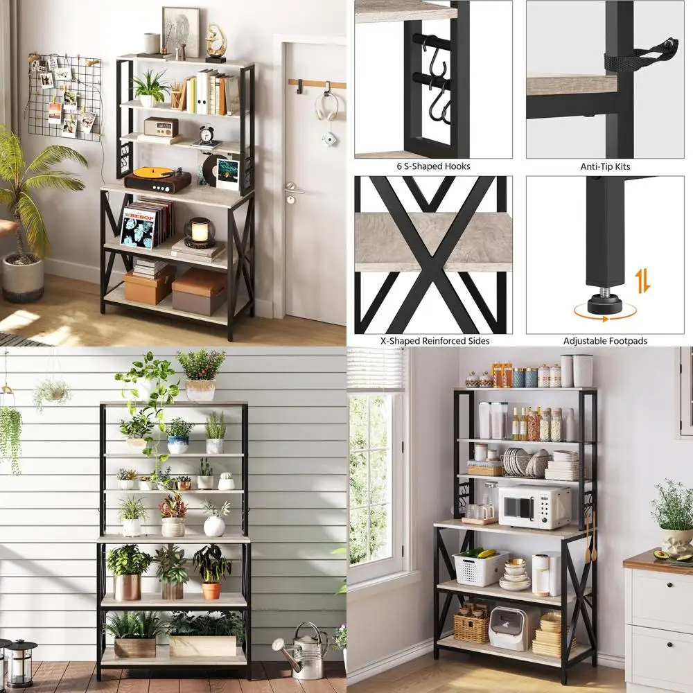 

Серая 6-уровневая кухонная полка для хранения, журнальный столик 31,5, компактная подставка для микроволновой печи в фермерском доме, угловой органайзер для специй и кастрюль