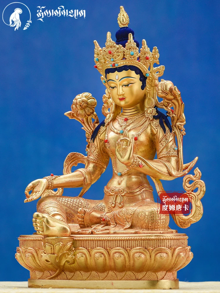 Tibetan pure copper gilt 1 foot 31cm green Tara Buddha statue, 10 inch bronze statue ornament dedicated to Tibetan tantra at hom