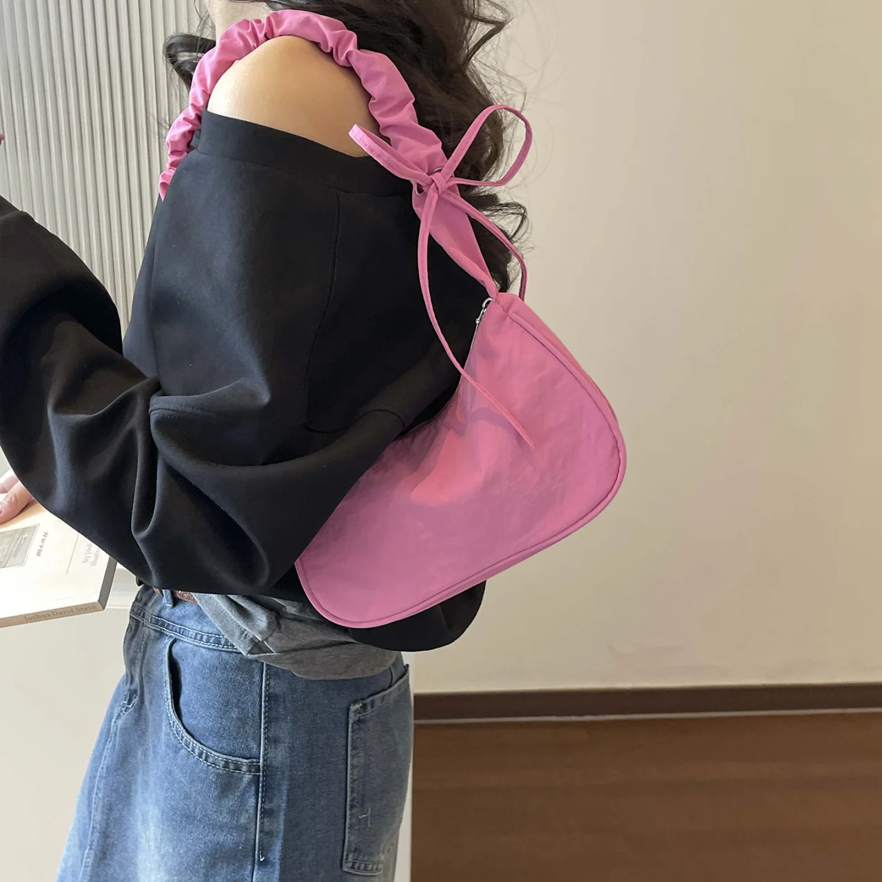 Custom Logo Ruched Handle Hobo Bag Pink Nylon Bag with Bow Tie Casual Cloud Shoulder Bag Women Personalized Print Y2K Aesthetic