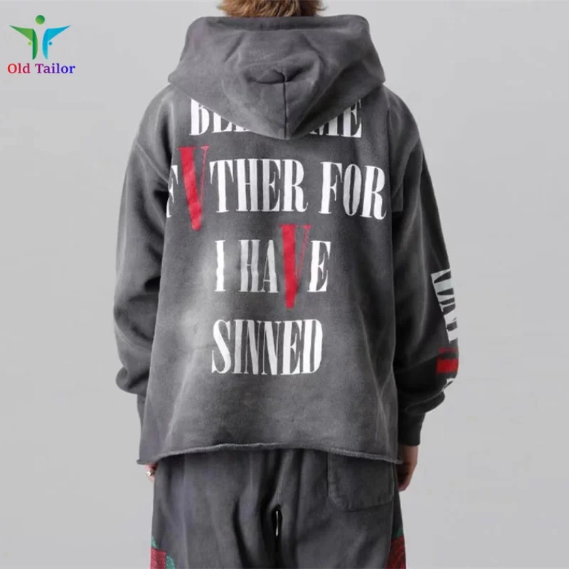 Vintage SAINT Letters Characters Prints Hem Hole Washed Casual Hooded Sweatshirt High Quality Mens Womens Autumn Winter Clothing