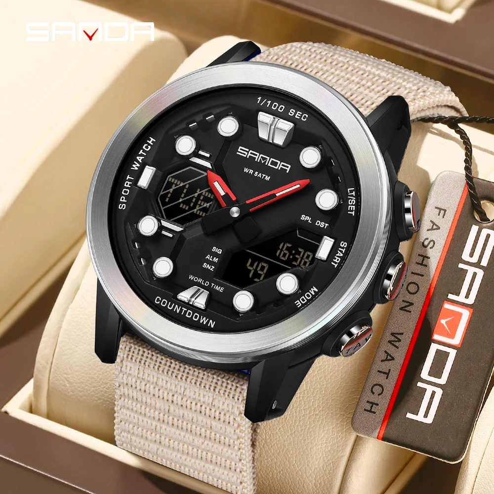 

SANDA 3392электронные часы мужские с двойным дисплеем циферблат 5ATM водонепроницаемые ночные часы секундомер многофункциональные спортивные электронные часы