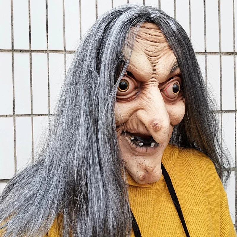 Masque de Sorcière Effrayant en Latex avec Cheveux, Robe de Barrage d'Halloween, Costume de ixde Grimace, Accessoires de Cosplay, Taille Unique, CMM1301