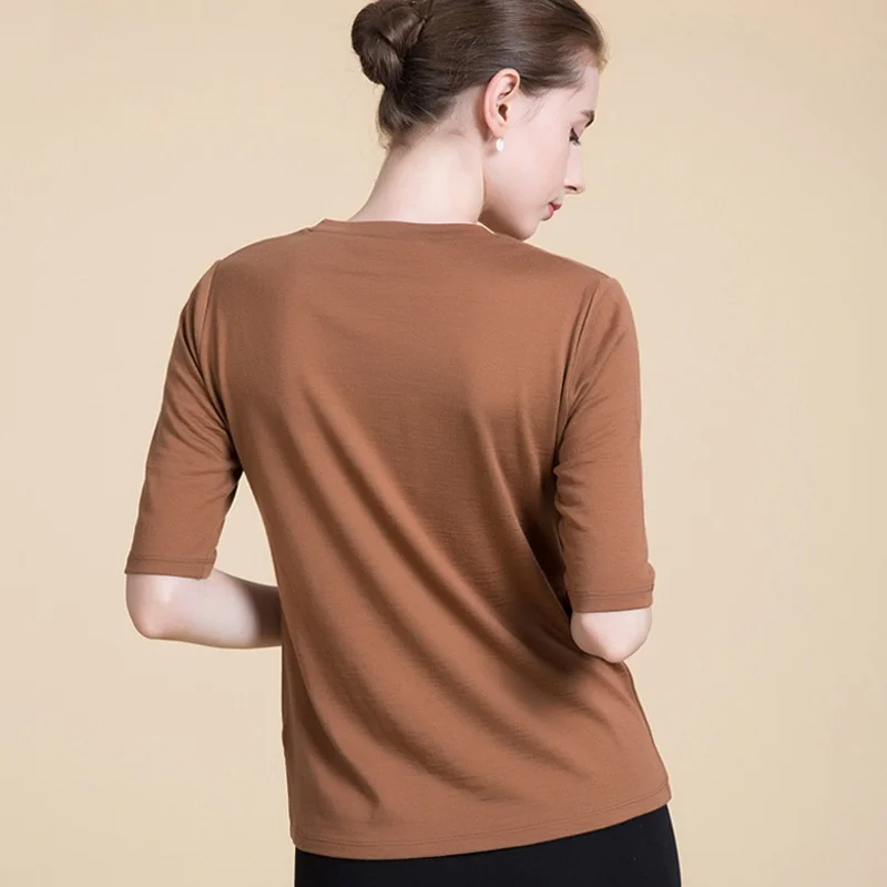 Birdtree, 100% Sheep Wool Tshirt, Short Sleeve Soft Pullover, Women's Solid V-neck Soft Basics Shirt, 2026 Autumn New T6O511JF