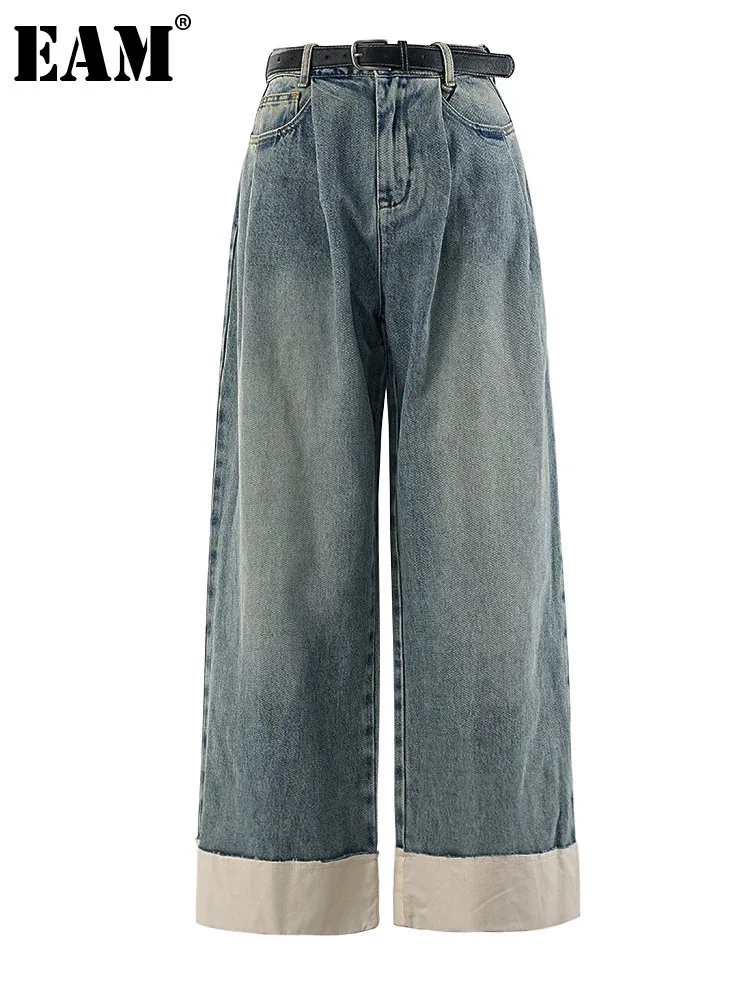 

[EAM] High Waist Blue Hem Fold Burr Long Vintage Wide Leg Jeans New Women Trousers Fashion Tide Spring Autumn 2024 CPG1895