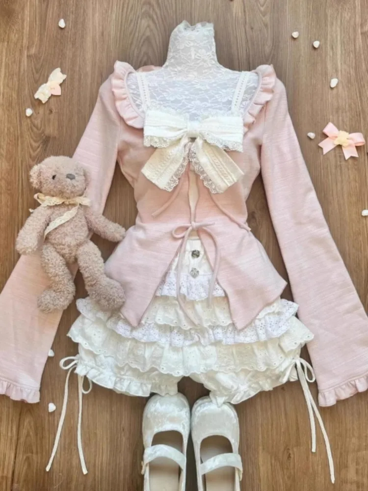 

Sweet Pink Long Sleeve Cardigan+ Bow Patchwork Camisole Vest+ High Waist Ruched Cake Skirts 2025 Sumemr New Two Piece Sets