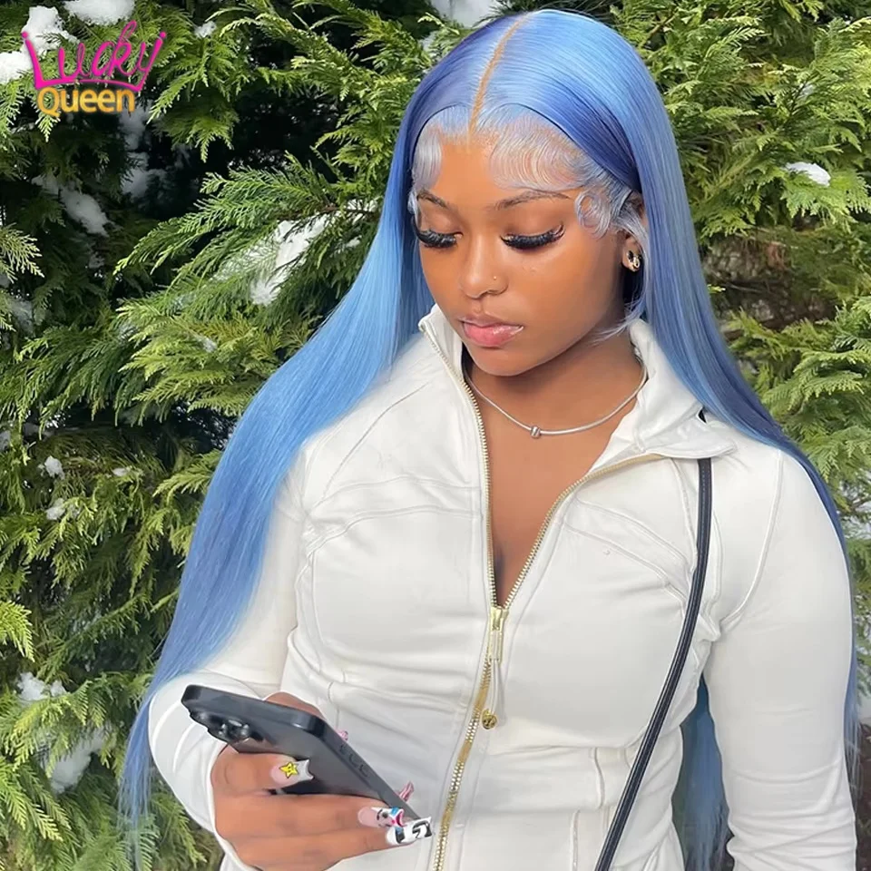 

13X4 13x6 Haze Blue Straight 613 Colorful Wigs 180 Density Transparent Lace Frontal Human Hair For Women Pre Plucked Light Blue