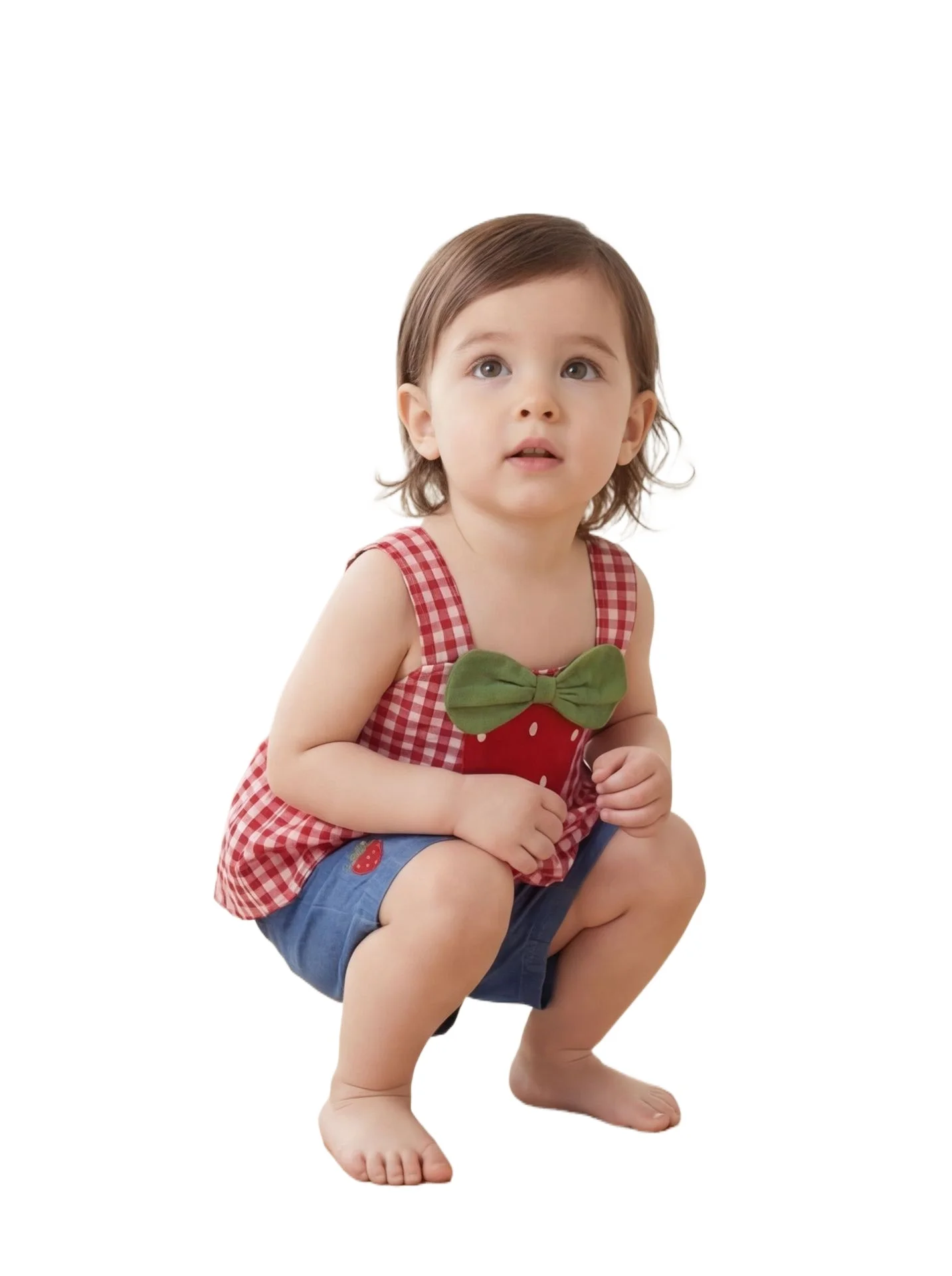 Toddler Baby Girl Summer Outfit Strawberry Embroidered Plaid Bows Ruffled Trim Tank Tops and Shorts 2 Pcs Set