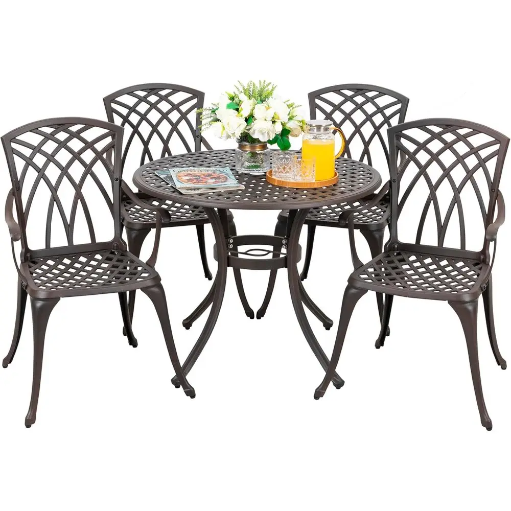 

5 Piece Patio Dining Set, 33" Round Cast Dining Table with 1.97" Umbrella Hole and 4 Patio Dining Chairs or Backyard, Patio, Gar