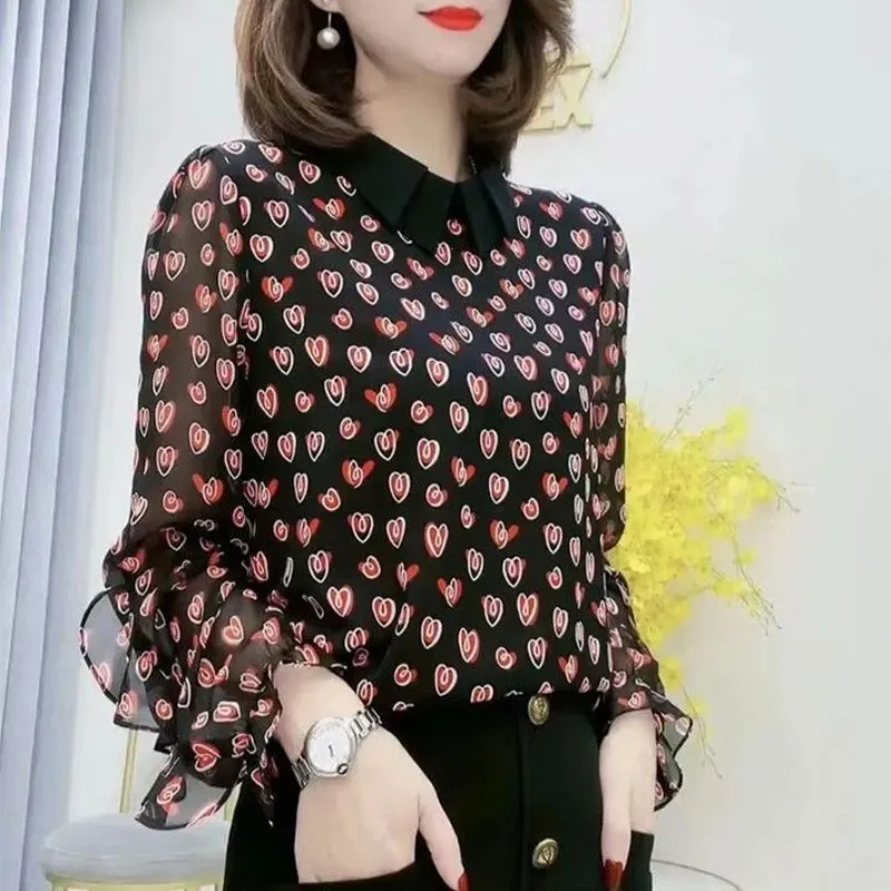 Casual Spring Autumn Double Collar Chiffon Shirt Long Sleeve Ruffles Female Clothing Loose All-match Heart-shaped Printed Blouse