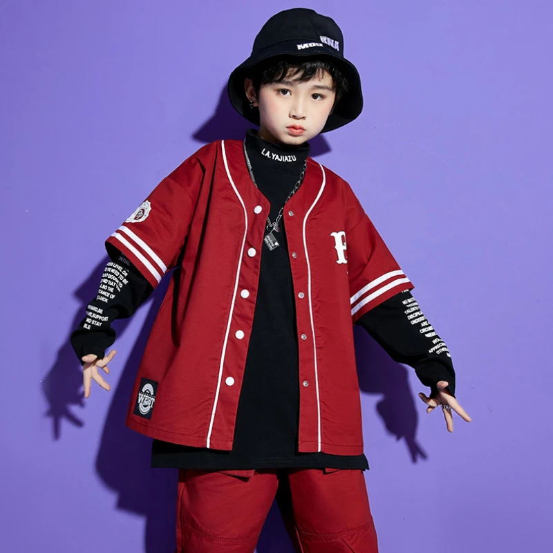 Kids Ballroom Hip Hop Dance Costumes Burgundy Shirt Cargo Pant Black Base Layers Girls Streetwear Boys Jazz Dance Rave Clothes