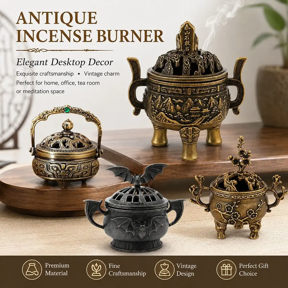 Retro Chinese Style Incense Burner Hollow Out Cap Mini Incense Censer Lucky Charm Alloy Three Legged Stove Home Use