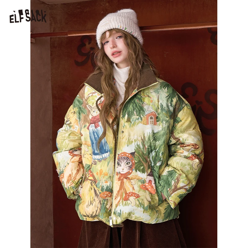 

ELFSACK Y2K Cottagecore Loose Forest Animal Graphic Convertible Collar Short Down Jacket For Women