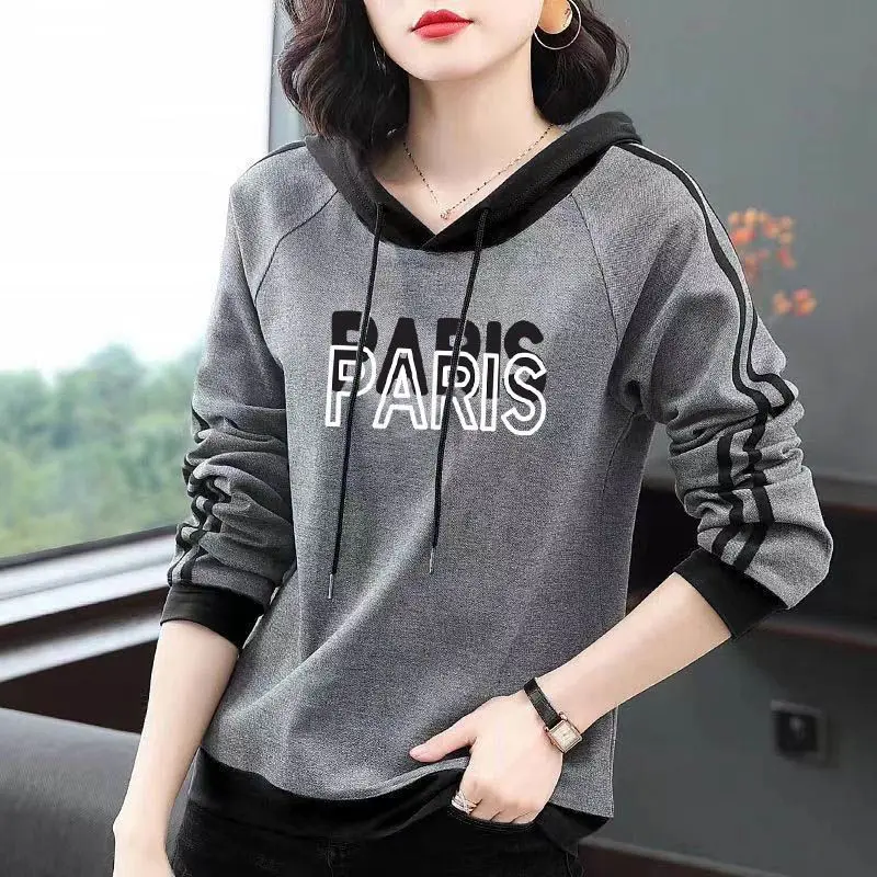 Women's Clothing Letter Printed Floral Sweatshirts Spring Autumn Casual Hooded Drawstring Chic Bright Line Decoration Pullovers