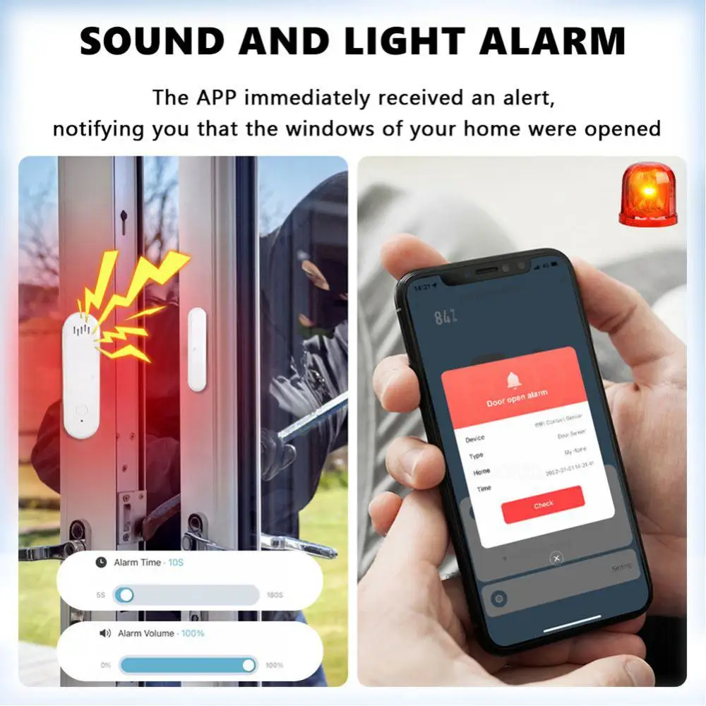 Tuya-Sensor Inteligente de Janela e Porta com Alarme Sonoro, Mini Sensor Sem Fio, Detectores Abertos e Fechados, Controle APP, Sistema de Segurança Doméstica